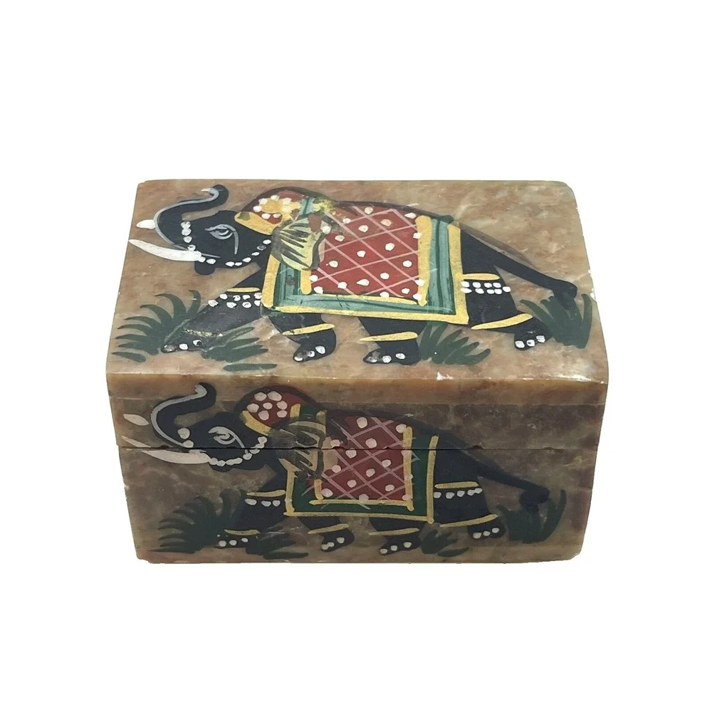 Hand Painted Handmade Soapstone Elephant & Peacock Trinket Jewelry Boxes Set